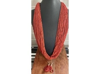 Lovely Coral Bead Multi Strand Necklace With Matching Earrings 28' Long 30 Stand Necklace