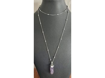 Purple Amethyst Crystal Necklace With Silver Tone Chain And Small Ball Bead Necklace