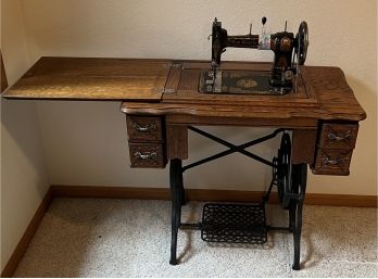 Stunning Antique Sewing Machine New Gourlay With Trundle, Solid Oak Wood Cabinet & Accessories