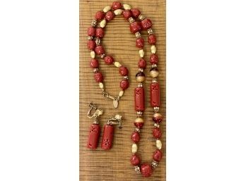 Rare Stunning Miriam Haskell Cinnabar Art Glass And Gold Tone Bead Necklace With Matching Screw Back Earrings