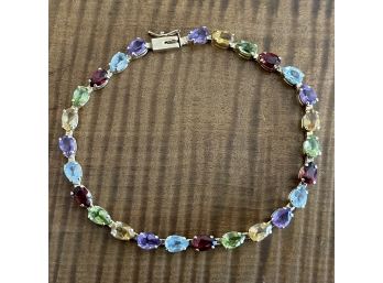 14K Gold And Multi Stone 7.5' Tennis Bracelet - Amethyst - Blue Topaz - Garnet - Tourmaline - 6,5 Grams