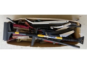 Assorted Lot Of Brushes, Scrapers, And Squeegees.