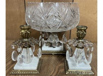 Cut Crystal Glass Console Bowl With Matching Candle Holders With Brass Accents, Marble Bases And Prisms