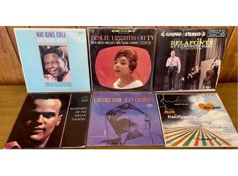 (6) Vintage Vinyl Albums Including Nat King Cole, Lessie Uggams, Ray Charles, And Harry Belafonte