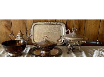 Collection Of William Rogers Trays, Serving Dishes, Coffee Pot, And Fondue