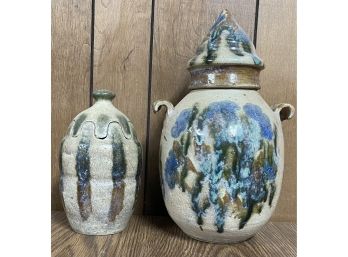 (2) Signed Lidded Pottery Pieces (as Is)