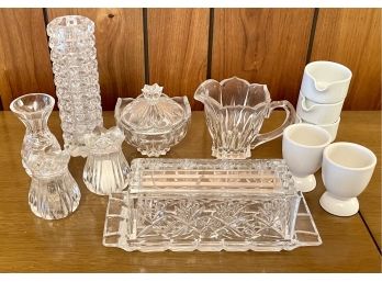 Collection Of Crystal Tableware Including Butter Dish, Salt, Pepper, Cream, Sugar, Egg Cups And Vase