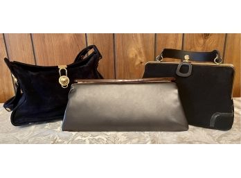 (3) Vintage Suede And Leather Hand Bags Including Neusteturs, Etra, And Bakelite Top Clutch