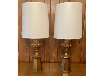 (2) MCM Gold And Green Trim Ceramic Lamps