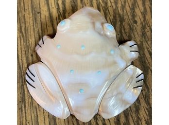 Hand Carved Shell Frog Fetish With Turquoise Inlay Signed Laura Quam