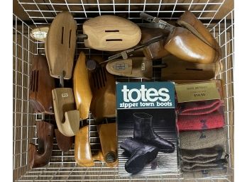 Collection Of Vintage Wooden Shoe Molds, Totes Rubber Shoes, & Shoe Mittens