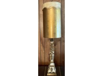 Large Underwriters Laboratories MCM 56 Inch Gold Lamp With Gold Painted Drum Shade