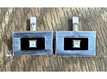 14k White Gold And Diamond With Black Onyx Cuff Links