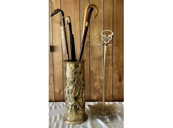 (2) Brass Umbrella Stands With Umbrellas And Canes Including 2 Signed Dog Head Canes Hampton Brass