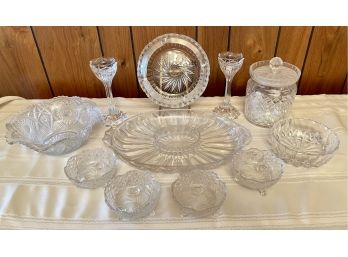 Vintage Collection Of Cut & Molded Crystal Including Candle Holders, Ash Tray, Chip Set, Bowl And Covered Dish