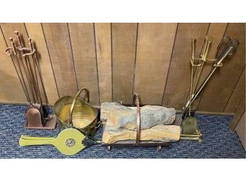 Copper And Brass Fire Place Lot Including Tools, Vintage Bellows, And More