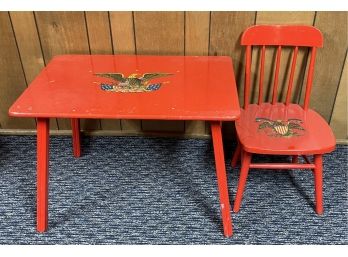 Hand Painted Red Colonial Style Americana Children's Table And Chair