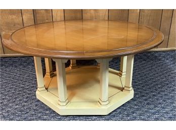 Vintage Mid Century Wood And Veneer Round Coffee Or Side Table With Gold Accent