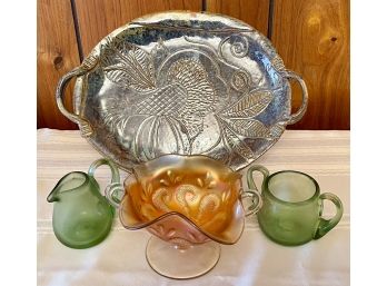 Orange Carnival Glass Compote, Pottery Handled Plate, And (2) Vintage Cream And Sugar