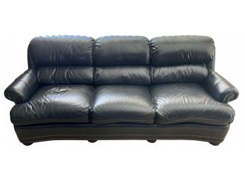 Hancock & Moore Blue Leather Full Size Sofa With Wood Legs And Nail Head Trim