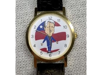 Bill Clinton Backwards Running Novelty Political Campaign Watch With Genuine Leather Band