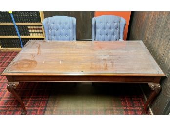 Kimbell Executive Desk With Drawers And 4 Tufted Blue Material Striped Arm Chairs With Nail Head Trim