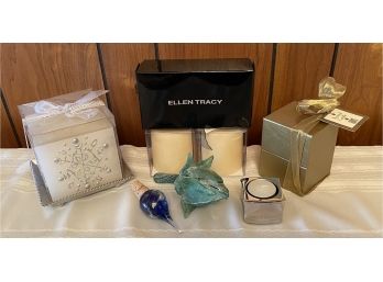 (2) Ellen Tracy Weighted Candle Holders, Murano Art Glass Wine Stopper And Art Glass Flower, And More