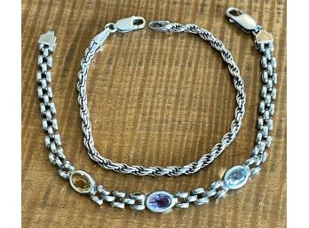 2 Sterling Silver 7' Bracelets (1) Twist Chain And (1) Amethyst - Citrine And Topaz Stone Pantera Link Italy