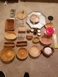 Box Full Of Wicker Baskets & Ceramic Bowls With Decorative Metal Inserts And More