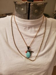 2 Necklace Lot One With Faux Turquoise Pendant