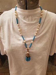 Blue And White Beaded Necklace With Faux Pearls