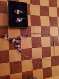 Matching Set Of Purple Beaded Necklace And Earrings