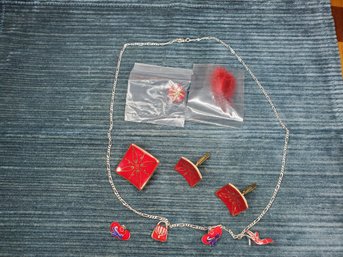 Lot Of Red Necklaces, Pin, And Cufflinks