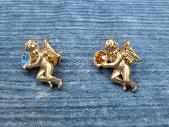 Lot Of 2 Cherub Jeweled Pins Brooches