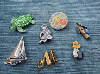 Lot Of 7 Pins Turtle, Boat, Bird House Etc.