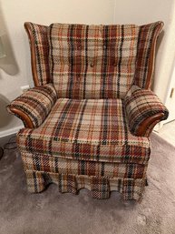 Vintage Plaid Wood Edged Winged Chair