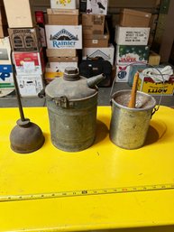 Antique Oil Cans And Paint Pail And Briush