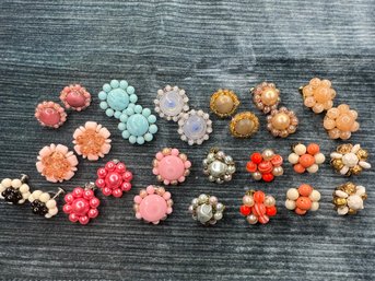 Large Lot Of 14 Vintage Beaded Flower Clip-on Earrings