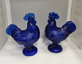 Lot 5-357 Pair Cobalt Blue Roosters (white Shelf)