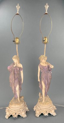 Pair Of Antique Grecian Granitex Figural Lamps