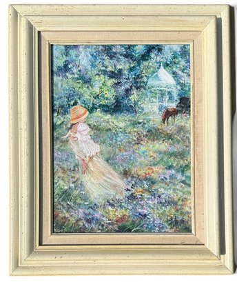 Oil On Canvas Original Painting , Girl In Garden With Gazebo