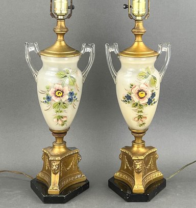 Mid Mod, French Empire Style Glass And Hand Painted Urn Lamps