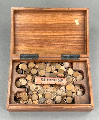 UNCHECKED! Wooden Box Filled With Old Pennies, Lots Of Wheat Pennies !