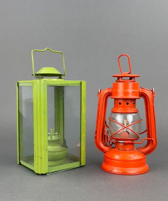 Vintage Metal And Glass Candle Lantern And Kerosene Lantern