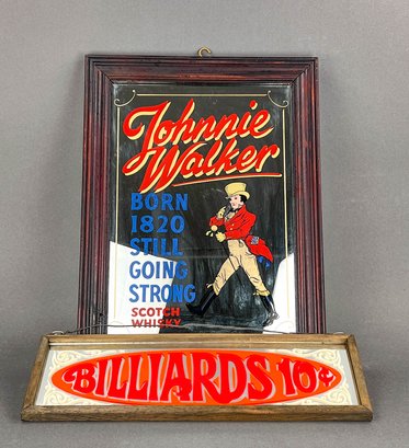 Vintage Johnnie Walker And Billiards Mirrored Signs