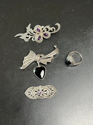 Three Vintage Brooches And Ring