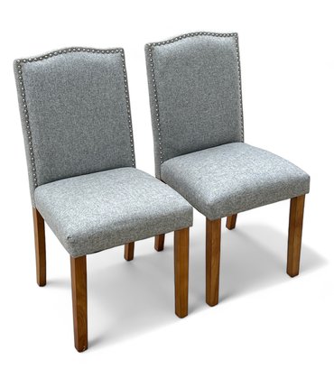 Pair, Grey Wool Upholstered Side Chairs With Nickel Nail Head Detail - **P/U In Wainscott**
