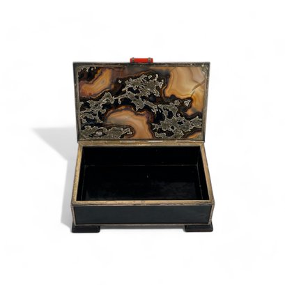 Semi Precious Cut Stone Box With Coral Detail And Hinged Lid