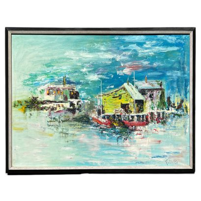 Abstract Expressionist Landscape, Original Oil On Board, Dock Scene, Signed Collette