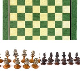 Vintage Pewter Chess Set And New Wooden Chess Board